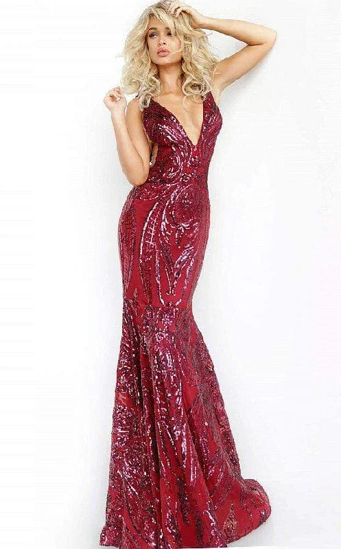 Plus size dresses featuring velvet textures feel plush -Jovani - 3186 Sequined Deep V-neck Trumpet Dress