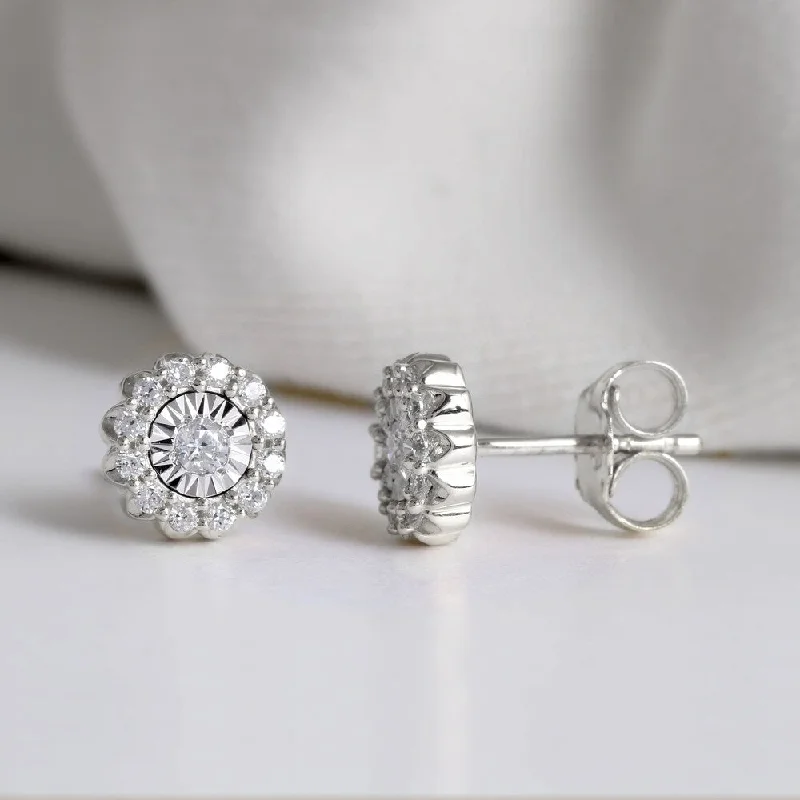 Stud Earrings with Enamel -1/5ct TDW Diamond Halo Stud Earrings in Silver Rhodium by De Couer