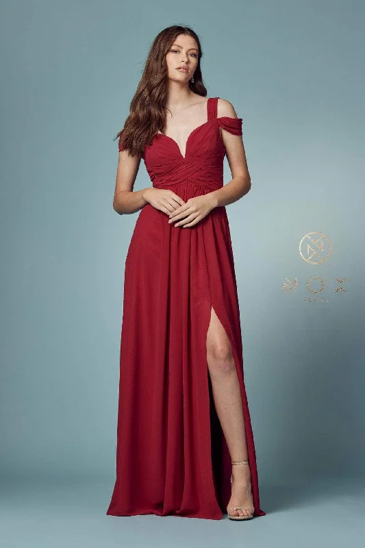 Plus size dresses for formal events look elegant -Nox Anabel - Y277P Cold Shoulder V Neckline A-Line High Slit Gown