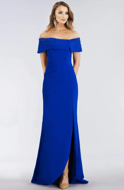 Plus size dresses for bridal parties glow elegantly -Gia Franco - 12956 Off-Shoulder Sheath Dress with Slit