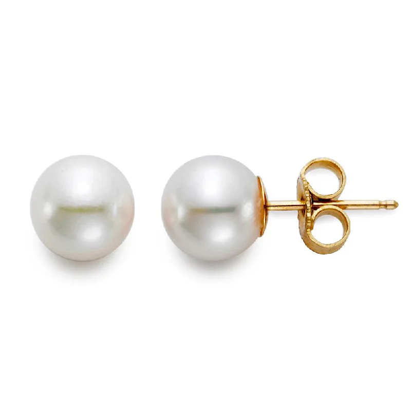 Stud Earrings with Chevron Designs -7.5mm “A” Akoya Pearl 18K Yellow Gold Stud Earrings