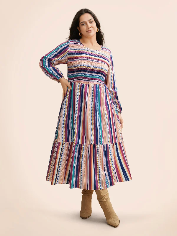 Plus size dresses with V-necks elongate figures -Contrast Striped Shirred Ruffle Hem Dress