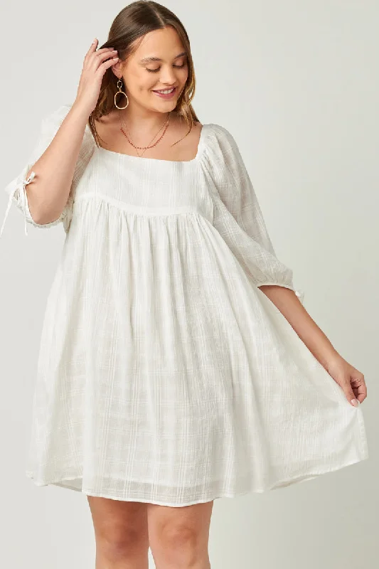 Plus size dresses with supportive linings feel great -Textured Solid Checkered Tie Sleeve Square Neck Dress