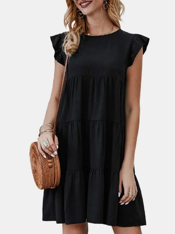 Plus size dresses featuring ruffle details add charm -Ruffled Round Neck Cap Sleeve Mini Dress