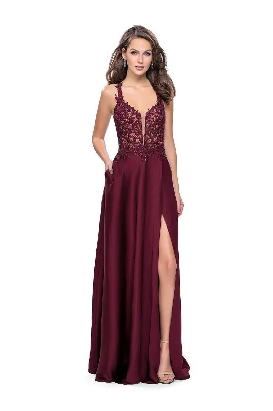 Plus size dresses with unique necklines add flair -La Femme - 26124 Embroidered Lace V-neck Satin A-line Gown