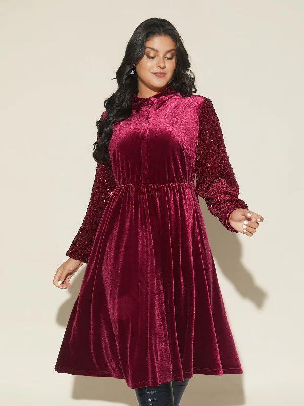 Plus size dresses for outdoor events stay comfy -Shimmery Embellishments Shirt Collar Midi Dress