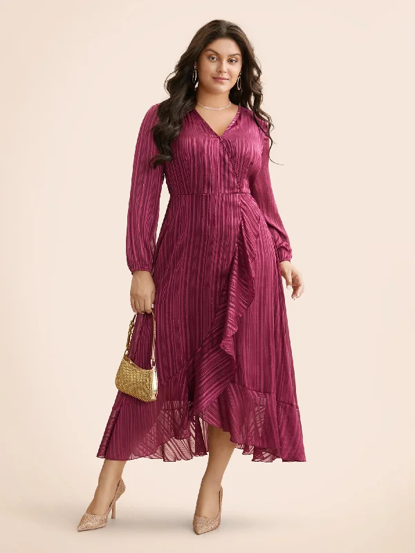 Plus size dresses with asymmetrical hems look modern -Chiffon Overlap Collar Ruffle Trim Dress