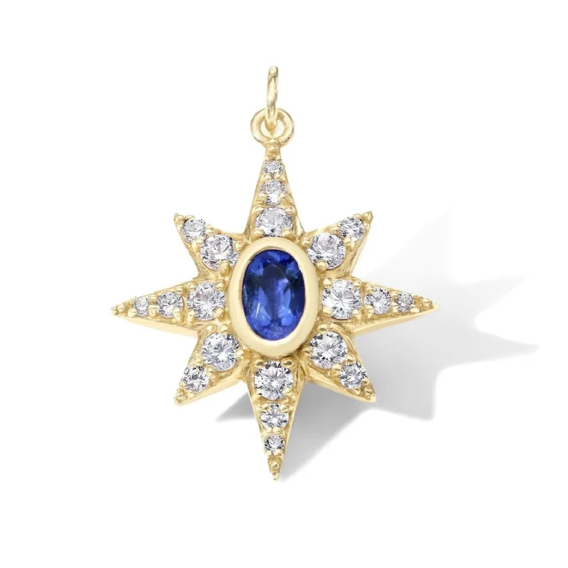 Best necklaces and pendants with sterling silver for an affordable yet stylish choice-10K Large Starburst Pave Diamond Pendant with Blue Sapphire Center