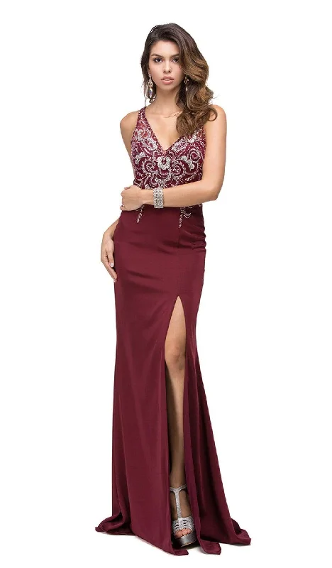 Plus size dresses with high necklines look refined -Dancing Queen - 9704 V-Neck Beaded Bodice Illusion Back Long Prom Dress