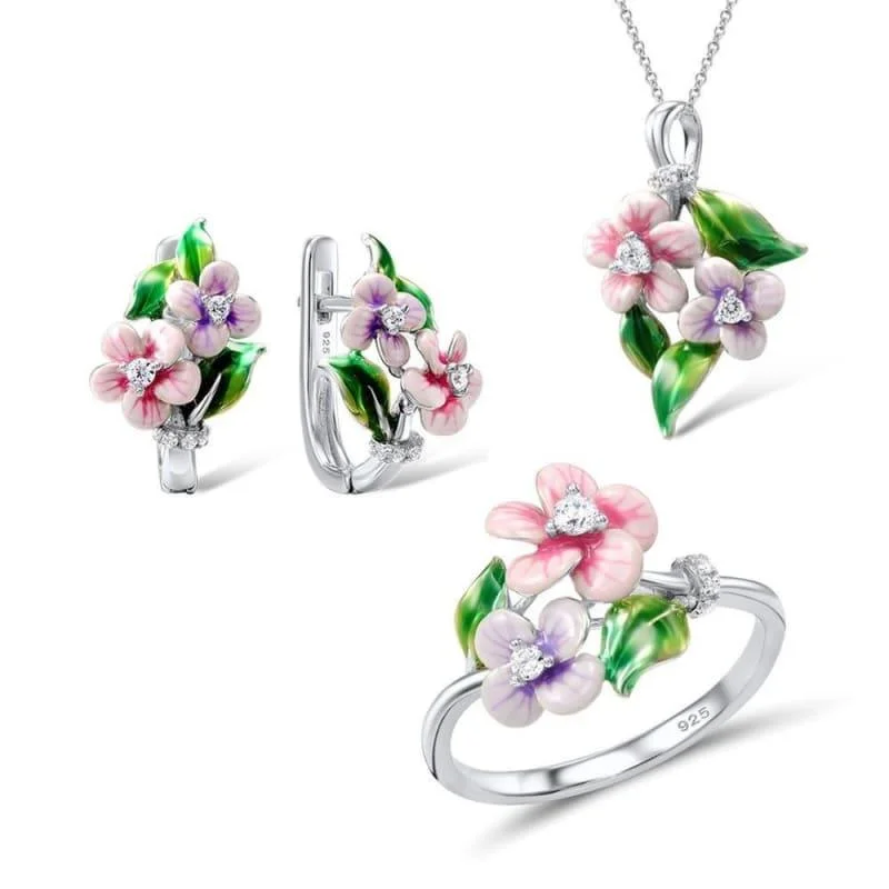 Best necklaces and pendants with black diamonds for an edgy, bold statement-Pink Flower CZ Stones Ring Earrings Pendent Necklace 925 Sterling Silver Women Jewelry Set