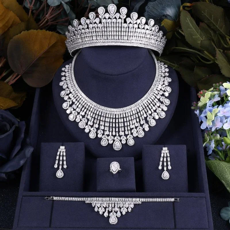 Beautiful necklaces and pendants with gemstone teardrops for an elegant effect-Luxury Cubic Zirconia Necklace Bracelet Earrings Tiara and Ring 4pcs Jewelry Set