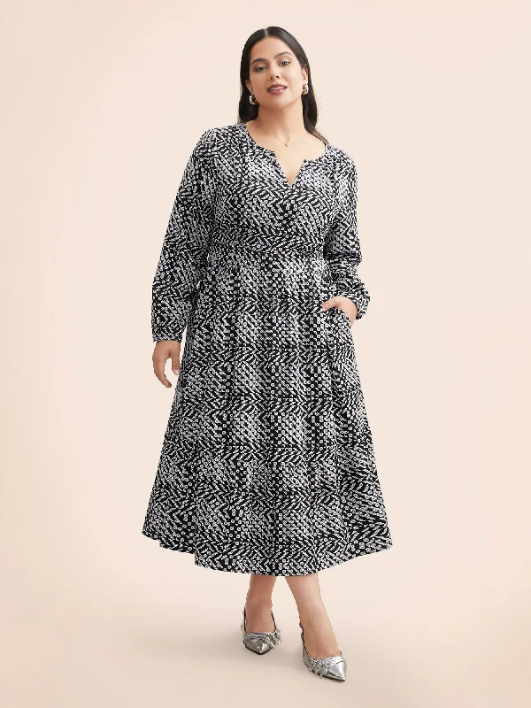 Plus size dresses for long days support fully -Geometric Notched Lantern Sleeve Midi Dress