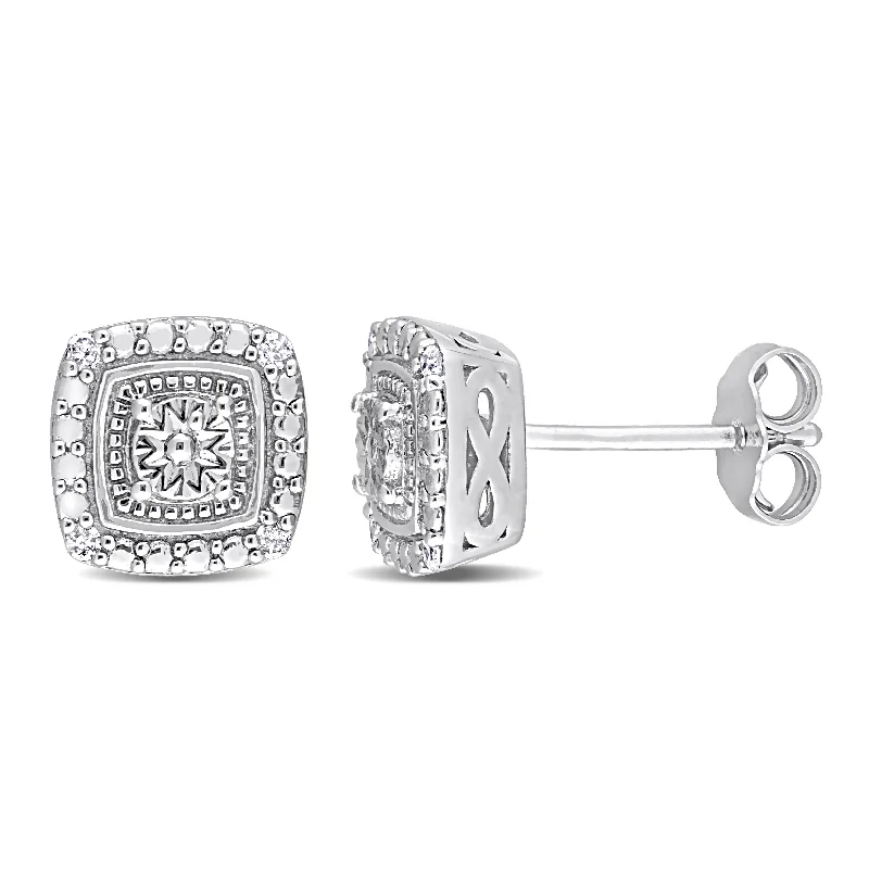 Stud Earrings with Wave Designs -Mimi & Max Diamond Accent Square Double Halo Stud Earrings in Sterling Silver