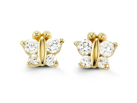 Stud Earrings with Rhinestones -14K Yellow Gold Cubic Zirconia Butterfly Kid's Stud Earrings