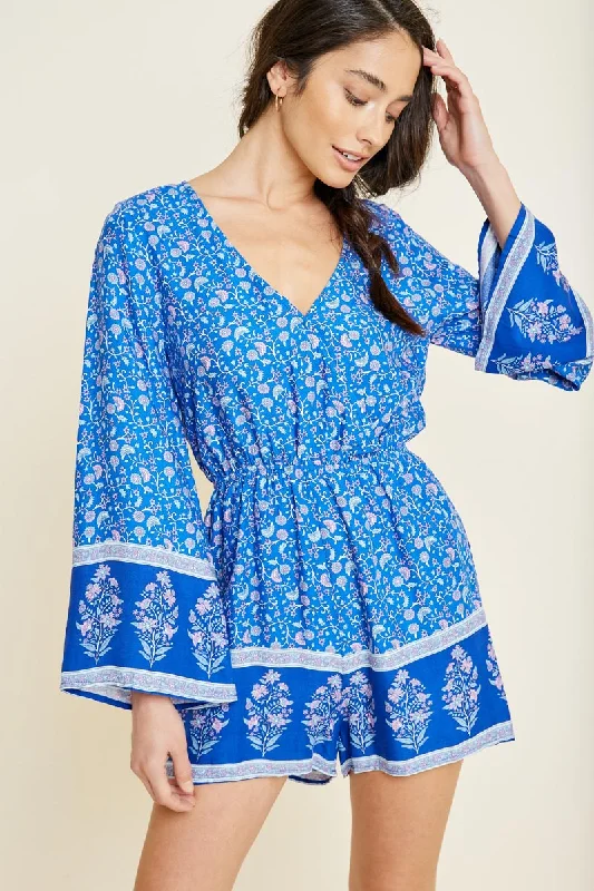 Plus size dresses with sleek fits elongate frames -Printed Floral Bell Sleeve Romper