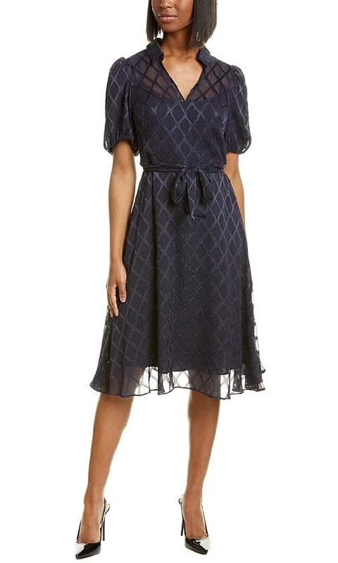 Plus size dresses featuring geometric prints are trendy -Maggy London - G4451M Puff Sleeve Textured Chiffon A-Line Dress