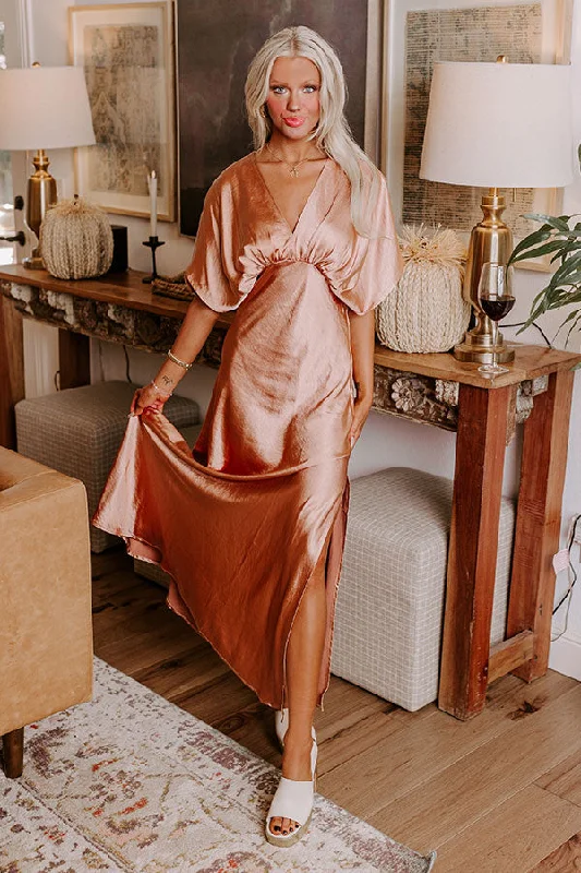 Plus size dresses featuring gemstone details shine subtle -Gala Moment Satin Maxi Dress in Rose Gold