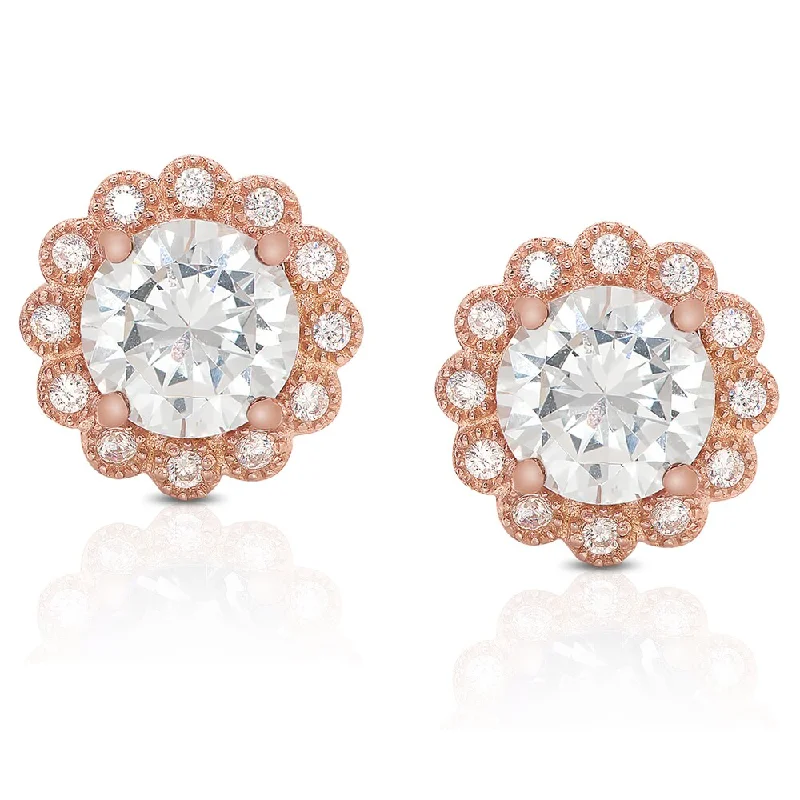 Stud Earrings for Beach Outfit -Dolce Giavonna Rose Gold Overlay Cubic Zirconia Flower Stud Earrings