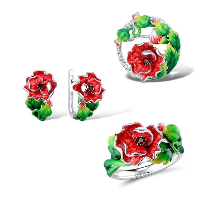 Necklaces and pendants with personalized charms for a custom piece of jewelry-Enamel Red Flower CZ Stones Ring Earrings Brooch Necklace 925 Sterling Silver Women Jewelry Set