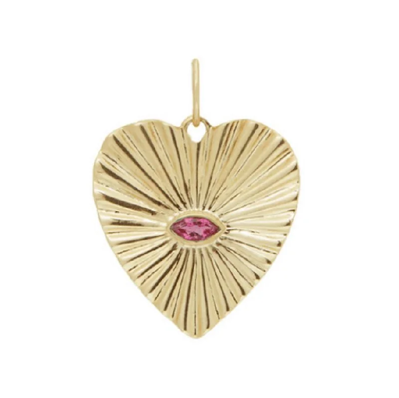 Necklaces and pendants with enamel accents for a colorful, eye-catching appearance-10K Gold Large Textured Heart Pendant with Marquise Faceted Dark Pink Tourmaline Center