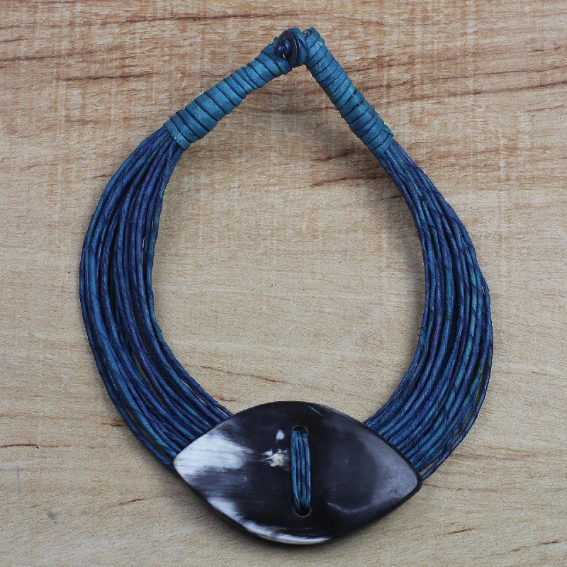 Necklaces and pendants with matching rings for a coordinated set of jewelry-Masongo Ghanaian Blue Leather and Bone Statement Cord Necklace