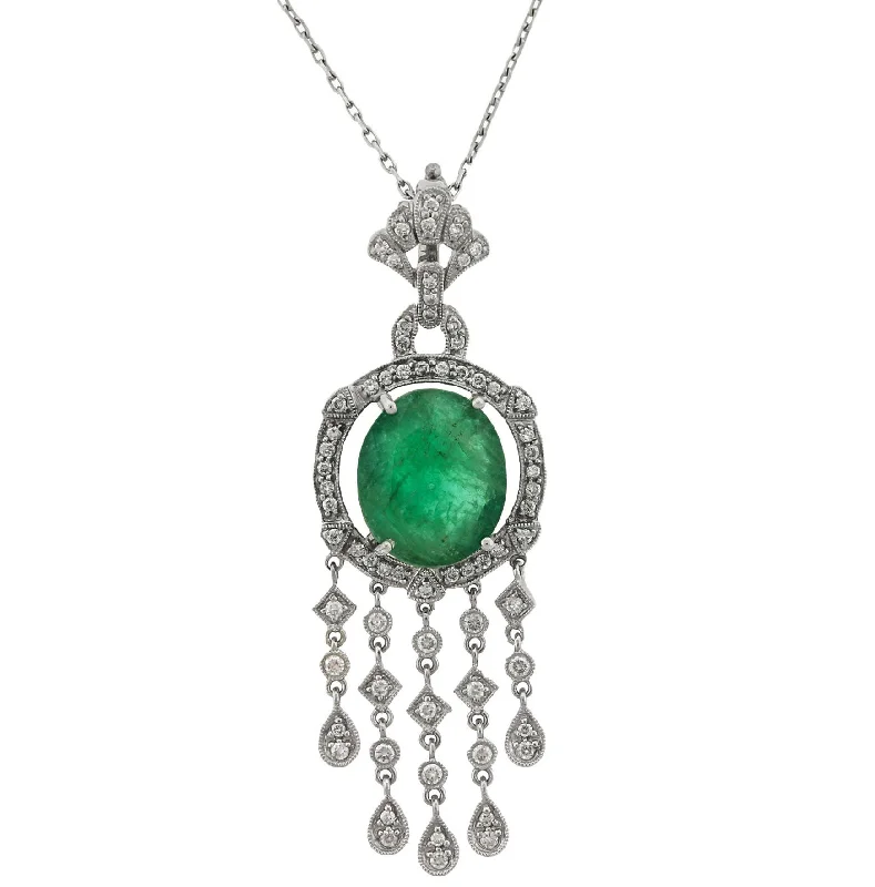 Necklaces and pendants with enamel accents for a colorful, eye-catching appearance-Ladies Vintage Estate 18K White Gold 6.63ctw Emerald Diamond Dangling Necklace