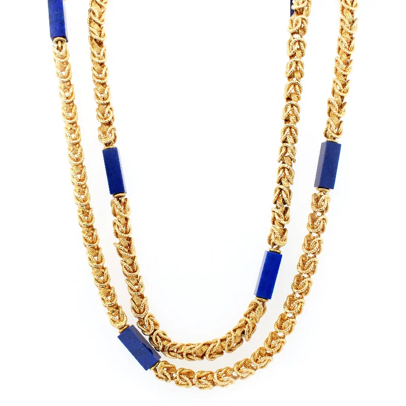 Trendy necklaces and pendants with geometric shapes for a modern aesthetic-Tiffany & Co. West Germany Lapis Lazuli & 18k Gold Byzantine Chain Necklace 36"