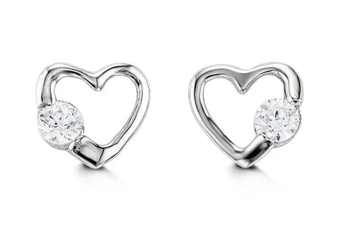 Triple Stud Earrings for Layered -14K White Gold Cubic Zirconia Open Heart Kid's Stud Earrings