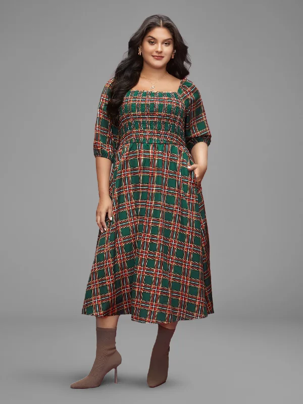 Plus size dresses with flowing skirts move freely -Square Neckline Plaid Smocked Bodice Midi Dress