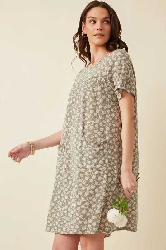 Plus size dresses for outdoor events stay comfy -Floral Print French Terry Slouchy Pocket Dress