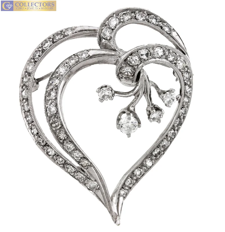 Best necklaces and pendants with art deco elements for a vintage, glamorous design-Lovely Ladies Vintage Estate 18K White Gold 1.17ctw Diamond Heart Pin Pendant