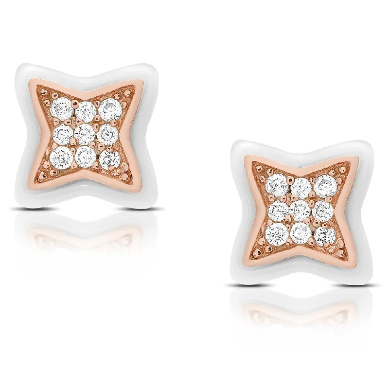 Stud Earrings with Matte Finish -Samantha Stone Sterling Silver Cubic Zirconia Ceramic Clover Stud Earrings