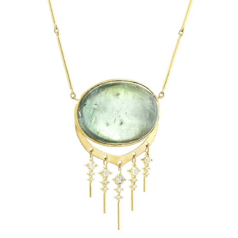 Unique necklaces and pendants with engraved messages for a sentimental gift-14K Gold Cabochon Oval Green Tourmaline Necklace with Diamond "Fringe"