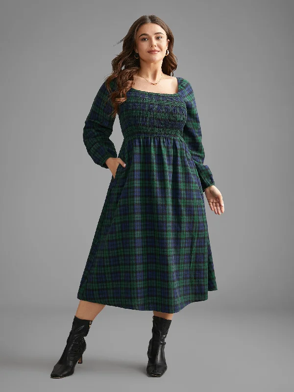 Plus size dresses with soft cotton feel comfy -Plaid Square Neck Shirred Midi Dress