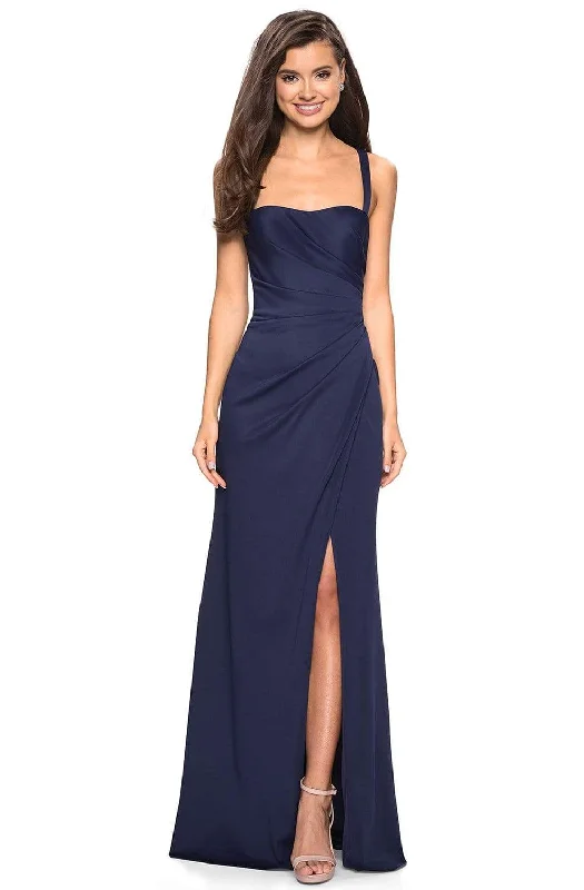 Plus size dresses with side ties cinch nicely -La Femme - 27470 Sleeveless Draped Sheath High Slit Gown