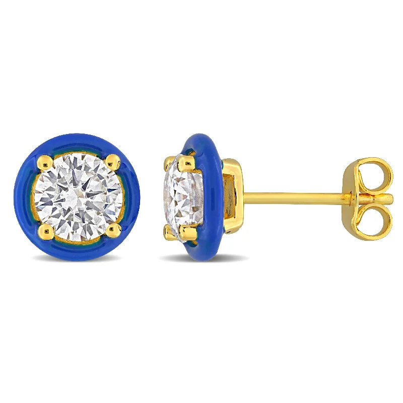 Stud Earrings for Office Wear -Miadora 1 3/8 Ct TGW Moissanite with Blue Enamel Solitaire Halo Stud Earrings in Yellow Silver