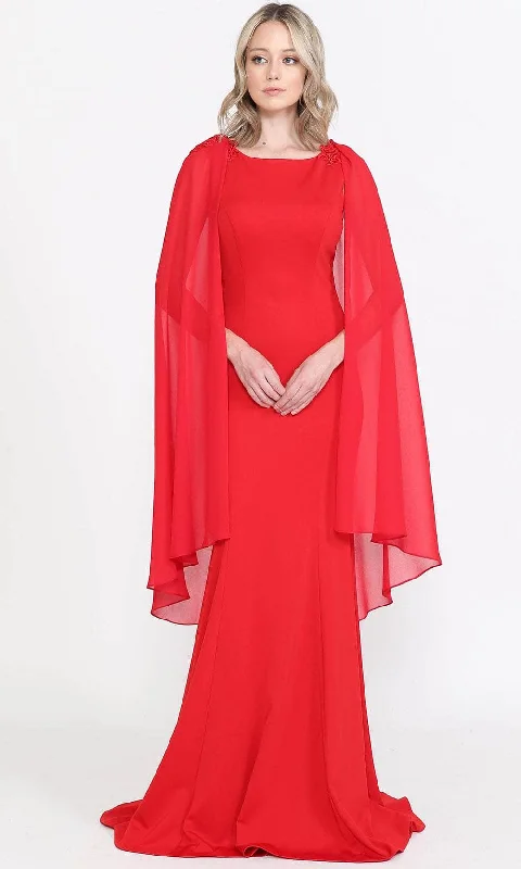 Plus size dresses with V-necks elongate figures -Poly USA 8566 - Jewel Neckline with Sheer Cape Long Gown