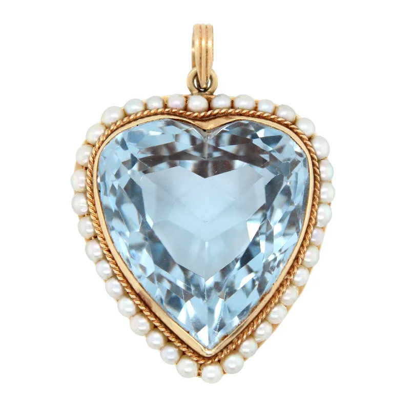 Best necklaces and pendants with personalized coordinates for a special keepsake-Antique Art Deco 34ct Aquamarine Heart Pendant with Pearls in 14k Yellow Gold