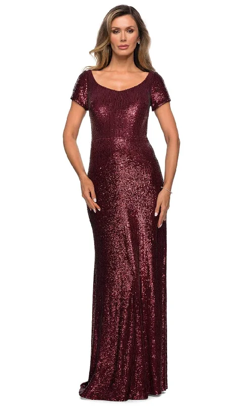 Plus size dresses featuring earthy tones are grounding -La Femme - 27916 Allover Sequins Short Sleeve Evening Gown