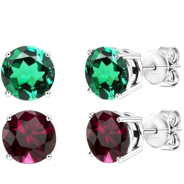 Stud Earrings for Everyday Glamour -Sterling Silver round Emerald & Ruby Stud Earrings