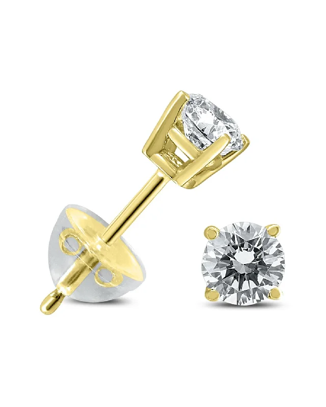 Stud Earrings with Crown Designs -.20Ctw Round Diamond Solitaire Stud Earrings In 14K Yellow Gold With Silicon Backs