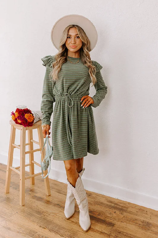 Plus size dresses featuring satin finishes feel smooth -Harvest Harmony Stripe Mini Dress in Olive