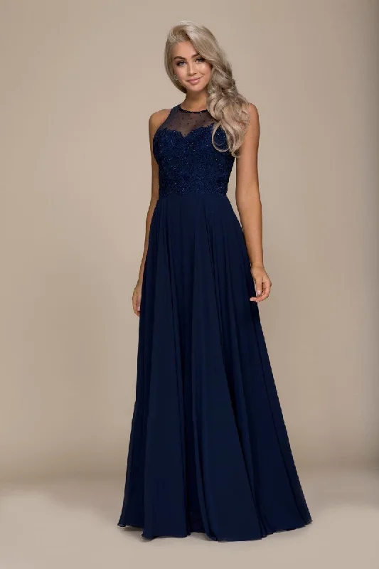 Plus size dresses featuring braided trims are artsy -Nox Anabel Jeweled Lace Bodice Chiffon A-Line Evening Dress - 1 pc Navy Blue In Size L Available