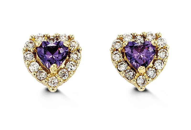 Leverback Stud Earrings for Comfort -14K Yellow Gold Purple Cubic Zirconia Heart Kid's Stud Earrings