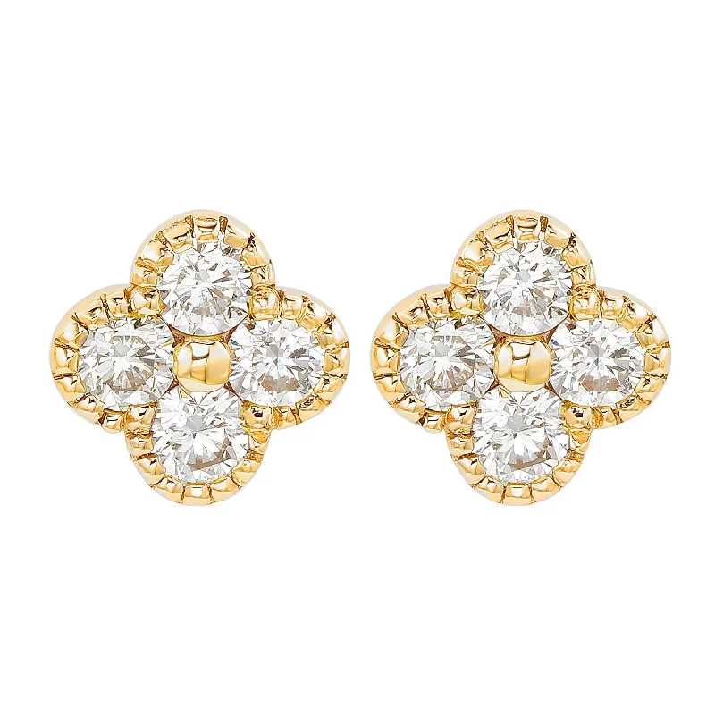 Double Stud Earrings for Impact -Suzy Levian Yellow Gold 7/10 CTTW Diamond Clover Stud Earrings