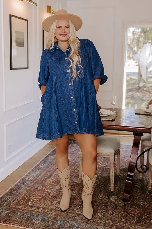 Plus size dresses featuring chevron prints are sharp -Gather Together Denim Mini Dress Curves