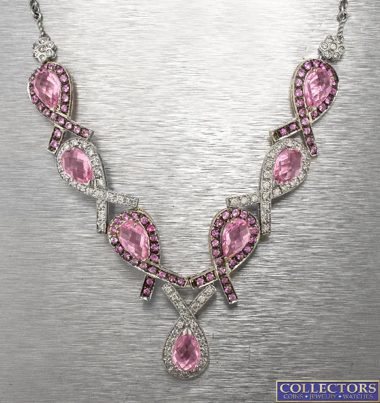 Unique necklaces and pendants with tree of life motifs for nature-inspired elegance-Ladies 14K Gold 22.30ctw Pink Sapphire Diamond Ribbon Breast Cancer Necklace