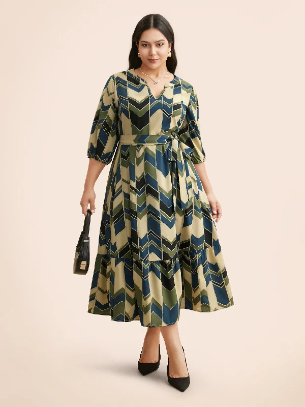 Plus size dresses for office wear stay sharp -Geometric Contrast Lantern Sleeve Dress