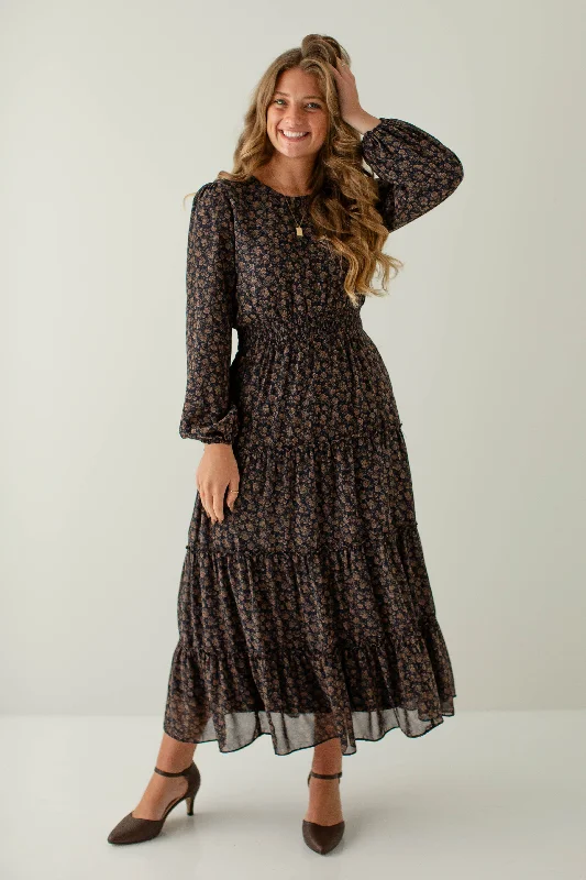 Plus size dresses featuring velvet textures feel plush -'Ophelia' Smocked Waist Floral Chiffon Maxi Dress in Dark Navy