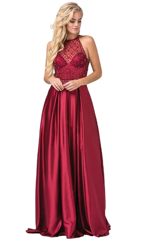 Plus size dresses featuring velvet textures feel plush -Dancing Queen - 2744 Embellished Halter Pleated A-line Gown